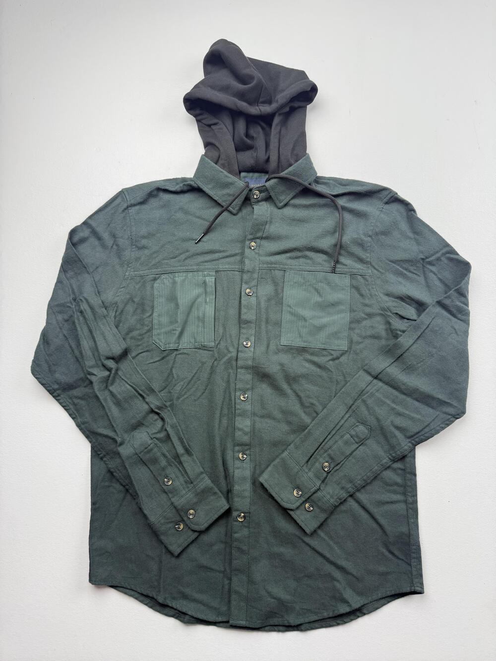 Nomad Shirt Mens Medium Green Solid Long Sleeve Hooded Button Up Casual Cotton